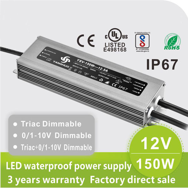 AC110V/220V DC24V 150W 6.25A UL-Listed LED Waterproof IP67 Triac and 0/1-10V Dimmable LED Dimming Power Supply